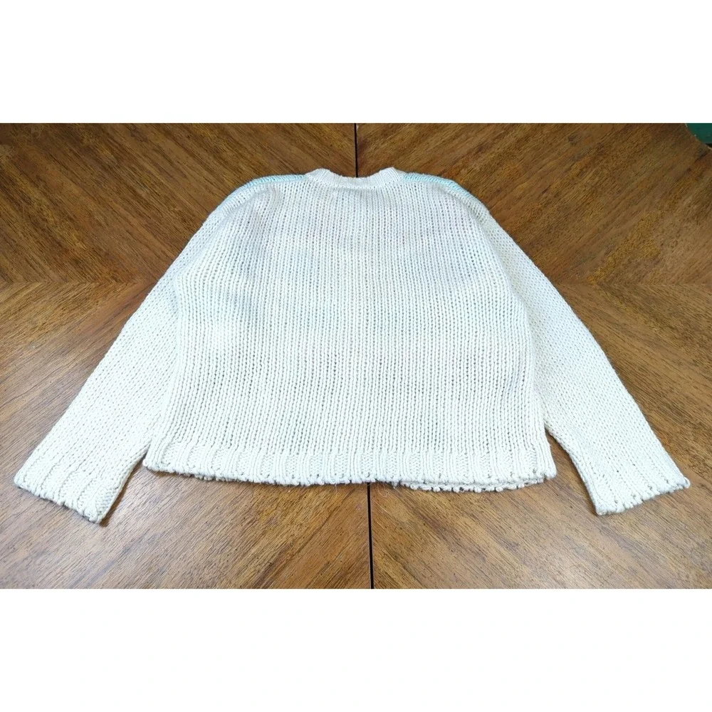 One Step Up Cardigan Sweater Sz MED Hand Knit Pastels Hearts Chunky Cable Knit - Picture 12 of 13